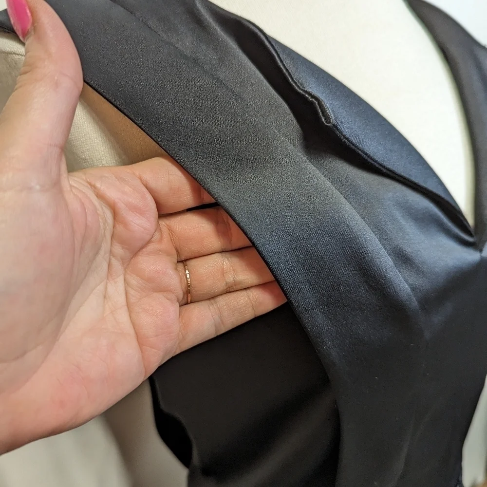 ELLEN Tracy Black Satin Sheath Wiggle Dress Mad Men MCM Style 6 Sleeveless